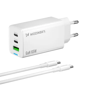 Wozinsky GaN 65W Wall Charger with 2x USB-C & USB-A Ports & USB-C Cable, White