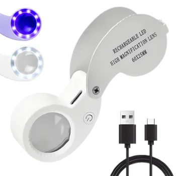 Folding Jeweller's Loupe 60x with LED and UV Light, USB Rechargeable, Silver