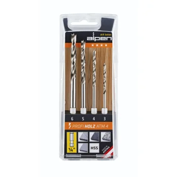 Wood twist drill bit set Alpen ATM 4 HSS, 1/4" hex shank, 4 pcs (3-6 mm)