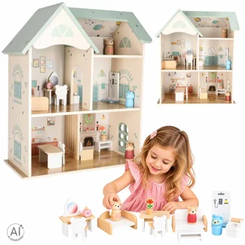 Lulilo Wooden Dollhouse with Furniture 56 cm, Mint