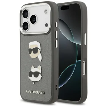 Karl Lagerfeld Grained Karl & Choupette Heads Pins Case for iPhone 17 Pro, Grey