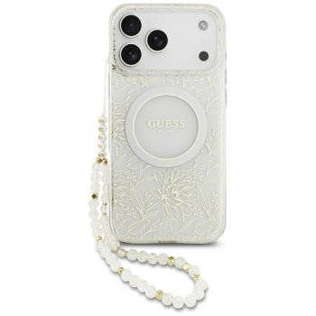 Guess IML Flowers Electro Pearl Strap MagSafe Phone Case Cover iPhone 17 Pro Max - White