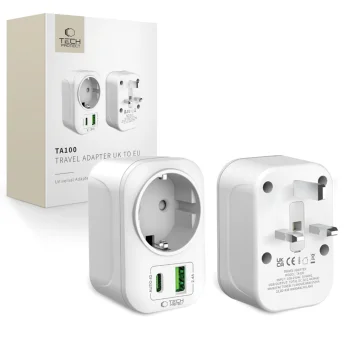 Tech-Protect TA100 EU to UK Travel Adapter - White