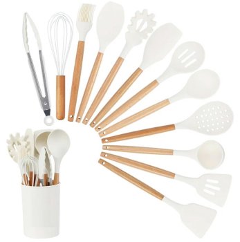 Set of 12 Silicone Kitchen Utensils, White