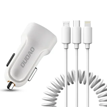 Dudao R7 Car Charger 2x USB 2.4A with 3-in-1 Cable, White