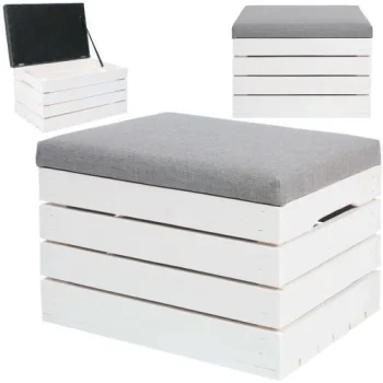 Iso Trade Wooden Pouf with Storage Box, White/Grey