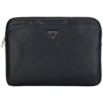 Guess Sleeve Grained Zipper Pocket Triangle Logo 14" Laptop Bag - Black