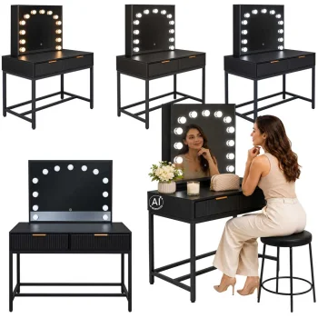 Dressing Table with LED Mirror and Drawers, 13 Bulbs, 143 x 104 x 50 cm, Black