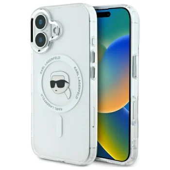 Karl Lagerfeld iPhone 16 Plus Case IML Metal Karl Head MagSafe, White