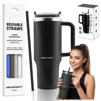 Berdsen Vacuum Thermos Mug with Straw Set, 1180 ml, Black