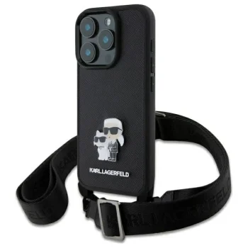 Apple iPhone 16 Pro Max 6.9'' Karl Lagerfeld Saffiano Karl&Choupette Metal Pin CBDY Strap Case Cover, Black