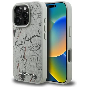 Karl Lagerfeld Grained Pattern & Logo MagSafe dėklas iPhone 16 Pro, pilkas