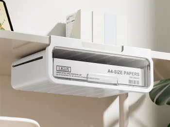 Under Desk Drawer Organizer - Self-Adhesive Slide-Out Tray, White/Clear