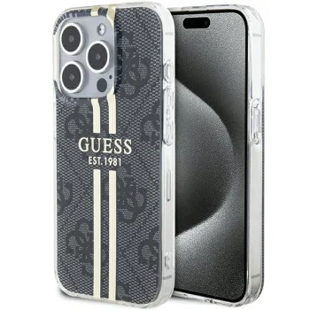 Guess iPhone 15 Pro Case IML 4G Gold Stripe, Black