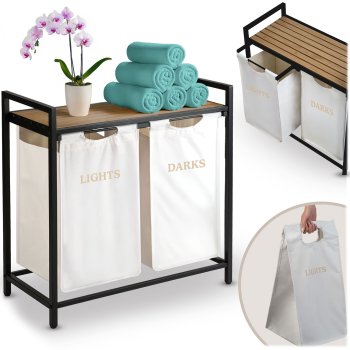 Massido 80 L Laundry Basket with 2 Compartments & Wooden Shelf, Industrial