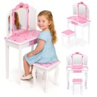 ECOTOYS Wooden Vanity Set for Girls with Tri-Fold Mirror, Stool and Drawer