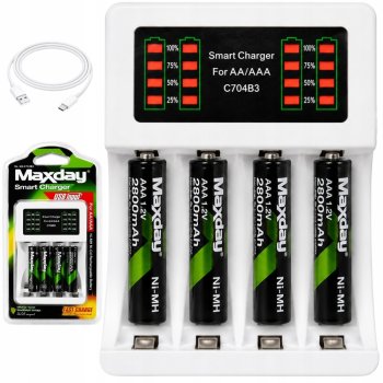 Maxday AA/AAA Battery Charger with LED Indicator + 4x AAA Batteries, USB-C, White