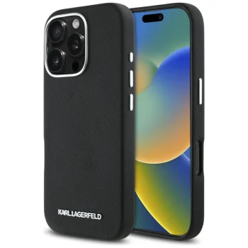Karl Lagerfeld iPhone 16 Pro Max Case Saffiano Metal Logo MagSafe, Black