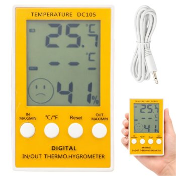 Digital Thermometer and Hygrometer with Probe LCD Display, yellow-white