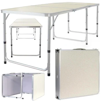 Folding Camping Table Suitcase 180x60 cm, Cream