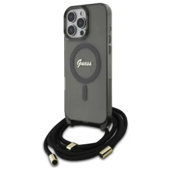 Guess iPhone 16 Pro Max Case Crossbody Cord Script MagSafe, Black