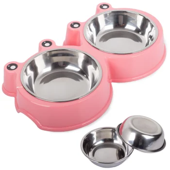 Double Pet Bowl for Dogs and Cats with Stainless Steel Bowls 2 x 0.3L, Pink