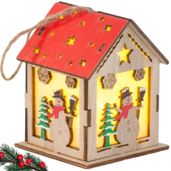 Wooden Hanging Christmas Lantern with LED Light, Snowman