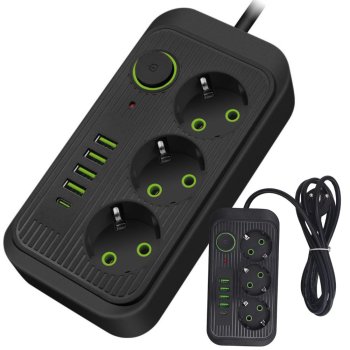 Power Strip with 3 Outlets and USB Ports, 4x USB-A 1x USB-C, 2m Cord