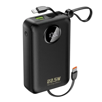 Dudao K14+ Power Bank 20000mAh 22.5W with Built-in USB-C/Lightning Cables, Black