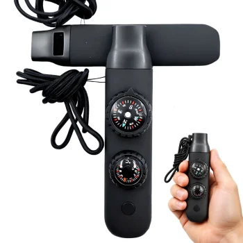 Multifunctional Survival Whistle with Compass, Flashlight, Magnifier, and Thermometer, Black