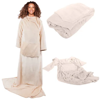 Warm Fleece Blanket with Sleeves / Robe, 140x200 cm, Beige