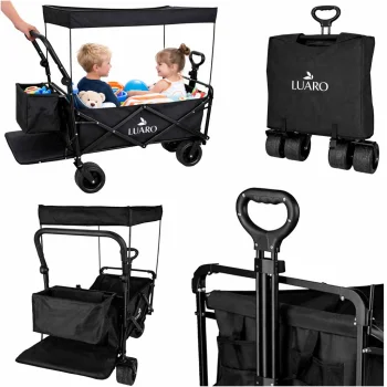 LUARO Folding Transport Wagon Cart with Canopy and Net, 120L, Black