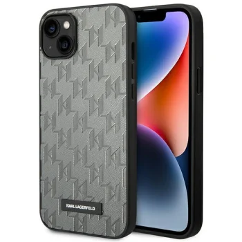 Karl Lagerfeld Saffiano Mono Metal Logo Case for iPhone 14 Plus, Gray