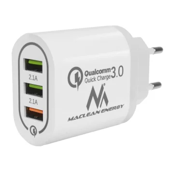 Maclean MCE479 W Wall Charger, Quick Charge 3.0, 3x USB Ports, White