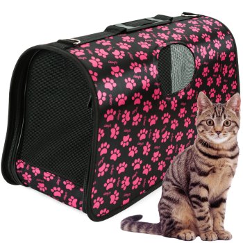Large pet carrier bag for dogs and cats, black with paw prints