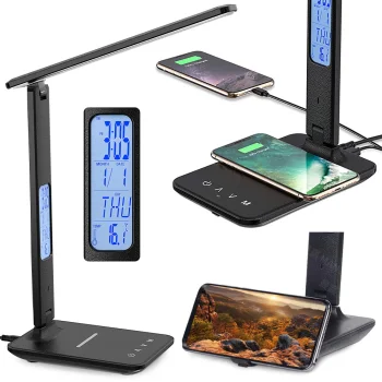 LED Desk Lamp with Clock and QI Wireless Charger
