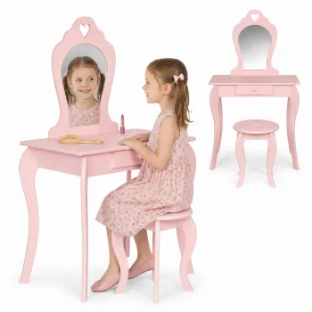 Ecotoys Kids Dressing Table with Mirror and Stool, Pink