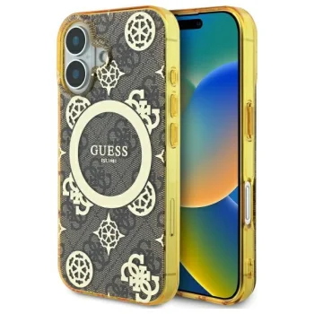 Guess iPhone 16 Case IML Peony On 4G Background MagSafe, Brown