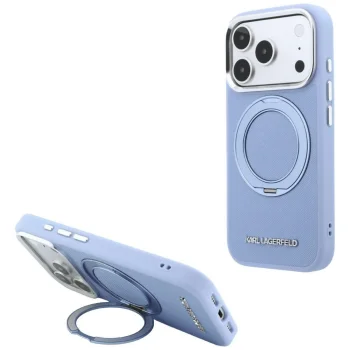 Dėklas Karl Lagerfeld Ring Stand 360 MagSafe, skirtas iPhone 18 Pro / 17 Pro, šviesiai mėlynas