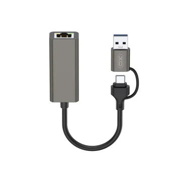 XO HUB018 2-in-1 USB-A / USB-C to RJ45 Network Adapter, Grey