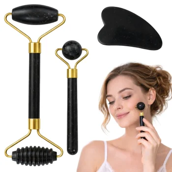 3-in-1 Jade Face Massager Roller and Gua Sha Stone Set, black