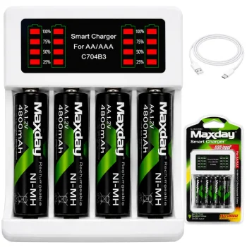 Maxday AA / AAA Battery Charger with LED Indicator + 4x AA Batteries, USB-C, White