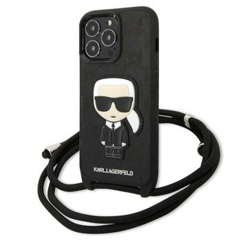 Karl Lagerfeld Leather Monogram Patch and Cord Case for iPhone 13 Pro / 13, Black