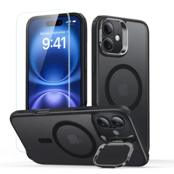 ESR Classic Hybrid Kickstand Halolock MagSafe Case + Glass for iPhone 16, Black