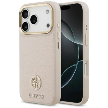 Guess iPhone 17 Pro Case Grained PU Strass Logo MagSafe, Pink