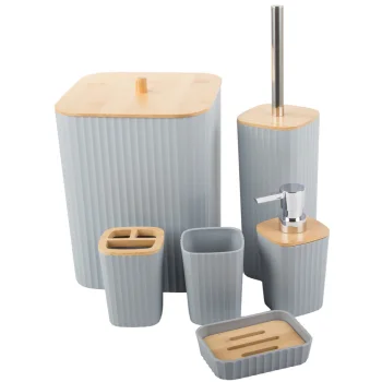 Bathroom Accessory Set, 6 Pieces, Grey/Bamboo