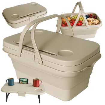Collapsible Silicone Picnic Basket and Portable Table, Beige