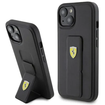 Ferrari iPhone 15 Case Grip Stand Metal Logo, Black