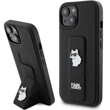 Karl Lagerfeld iPhone 15 Case Saffiano Choupette Pins Gripstand, Black