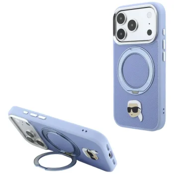 Karl Lagerfeld MagSafe dėklas iPhone 18 Pro Max / 17 Pro Max su Ring Stand 360, šviesiai mėlynas